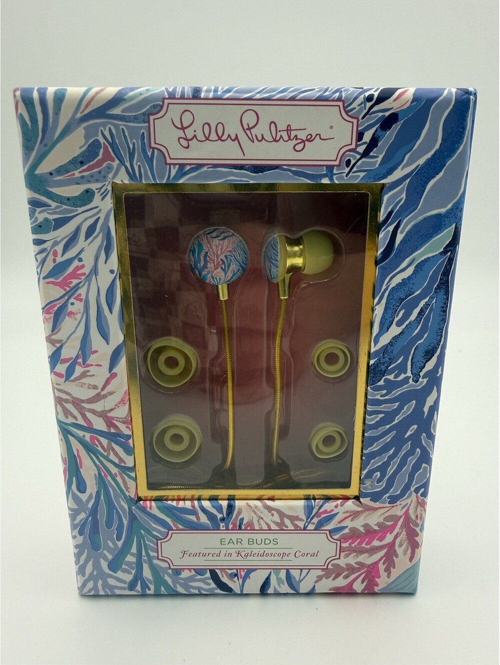 Lilly Pulitzer Kaleidoscope Coral Earbuds 3.5mm Wired, Volume Control, Mic NIB